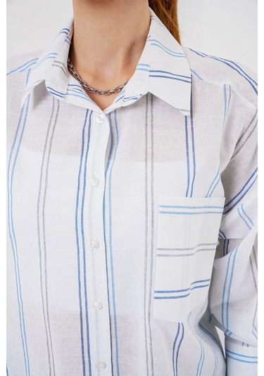 Kadın Çizgili Oversize Gömlek 20278 - Beyaz Beyaz