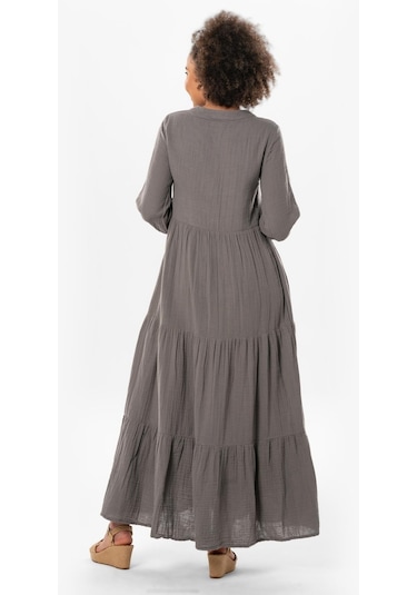 Uzun Kol Akay Uzun Düğme Detay Yazlık Müslin Elbise Gri Gri-gri Gri
