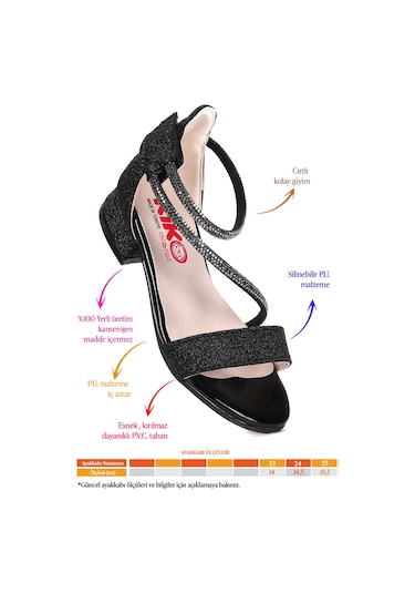 Kiko Kids Yada Kum Simli Kız Bebek 2 Cm Topuklu Sandalet Abiye Ayakkabı Siyah Siyah
