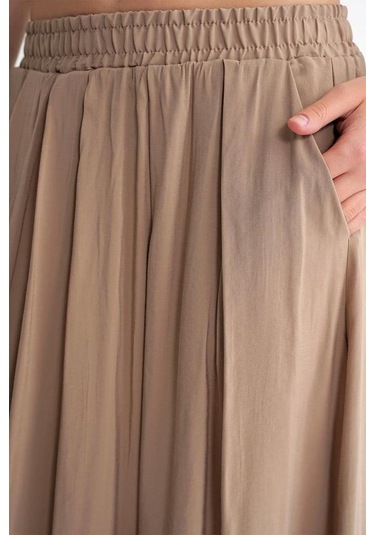 4612 Kadın Yandan Cepli Pileli Bol Etek Toprak Toprak