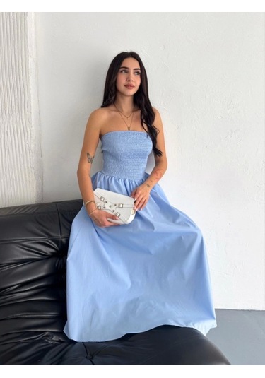 Straplez Pileli Elbise - Açık Mavi Açık Mavi