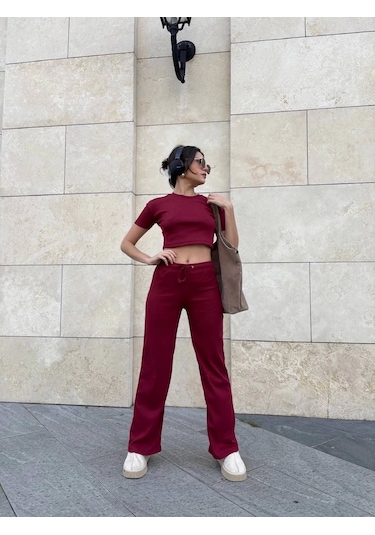 Bol Paça Pantolonlu Alt Üst Takım Bordo