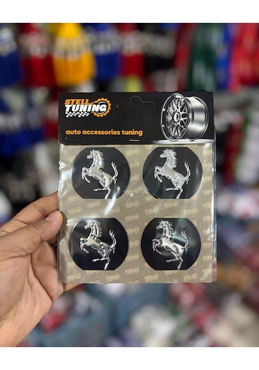 Universal Araç Uyumlu, Siyah At Jant Göbeği Arması, Sticker 4'lü Set 60mm Siyah