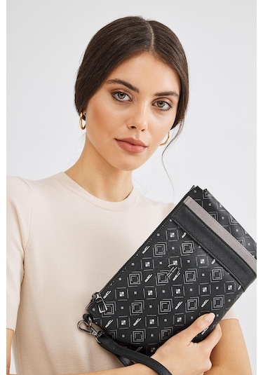 Deri Company Kadın Basic Clutch Çanta Monogram Desenli Şeritli Siyah Gri (4006SG) 214012 Gri - Siyah