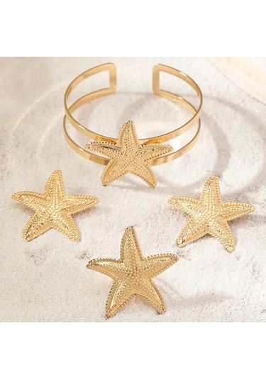 Deniz Yıldızı Charm Bileklik Ve Küpe Yüzük Seti Altın Kaplama