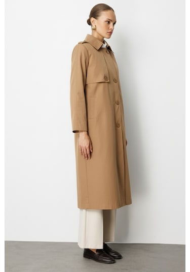 Mizalle Camel Apoletli Klasik Maxi Mac Trençkot CAMEL