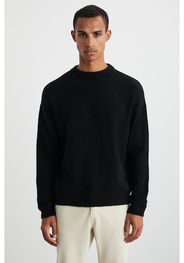 Tromso Erkek Bisiklet Yaka Oversize Recycle Triko Triko Siyah Kazak