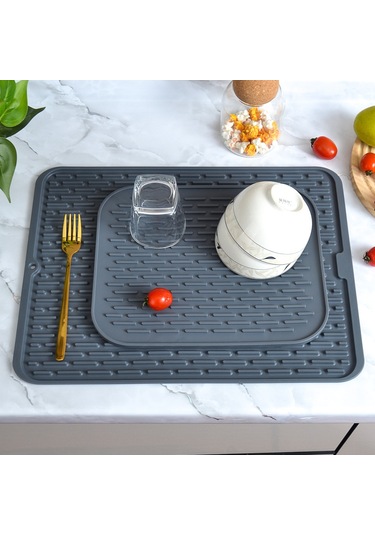 Lichen 2'li Set, Dikdörtgen Silikon Bulaşık, Drenaj Matı, Mutfak Gri