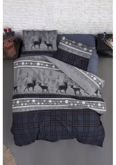 First Choice Flanel Nevresim Takımı Happiness Navy Blue Çift Kişilik Mavi