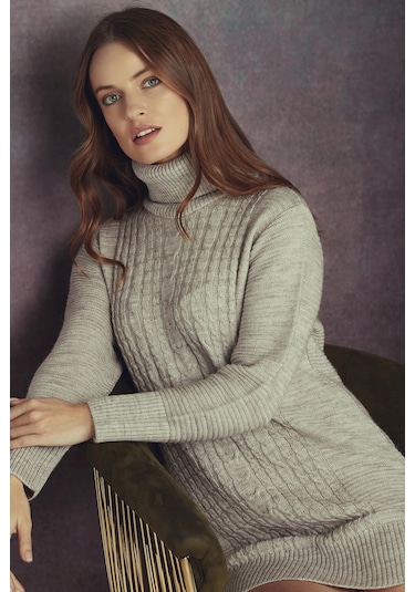 Tam Balıkçı Yaka Triko Tunik  - Açık Bej