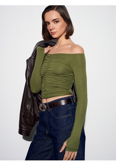 32089 Omuzları Açık Büzgülü Top-açık Haki Açık Haki