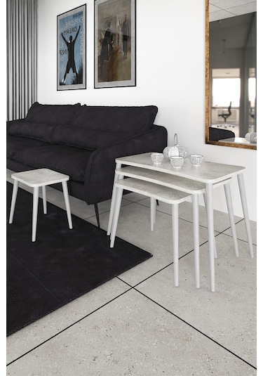 Selen 4lü Zigon Sehpa Ahşap Beyaz Ayaklı Salon Seti Çay Sehpası Kristal