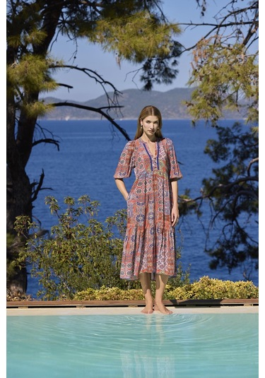 Monamise Kadın Etnik Desenli Truvakar Kollu Önü Düğmeli V Yaka Elbise 25031 Saks