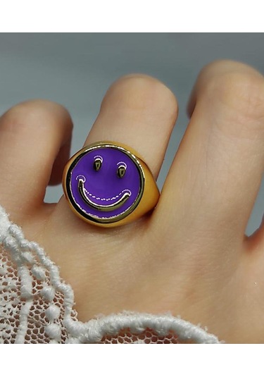 Mor Renkli Altın Kaplama Ayarlanabilir Gülen Yüz Yüzük Altın