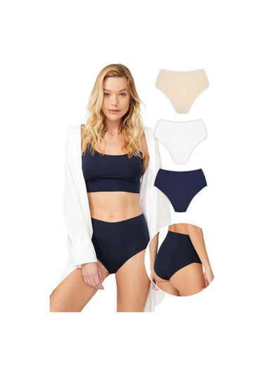 Yüksek Bel Basic Lazer Kesim Bikini Külot 3'Lü Paket - 3-Çok Renkli-M Çok Renkli