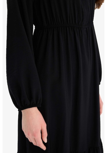 DeFacto 	Gömlek Yaka Basic Düz Düğmeli Beli Büzgülü Uzun Kollu Maxi Elbise D5851AX25SPBK81