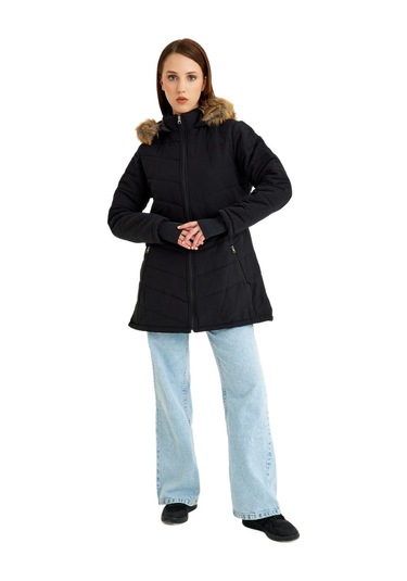 Barbora Kışlık Eldivenli Kapüşonlu Kürklü Kadın Şişme Mont Bt121siyah5 001