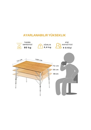 Kingcamp Bamboo L 100x70 Bambu Kamp Masası Çok Renkli