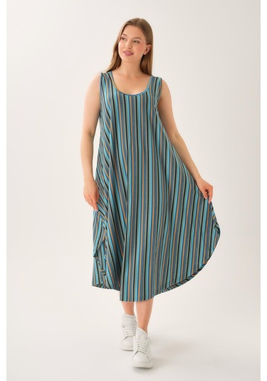Asimetrik Kesim Çizgili Kolsuz Elbise Yeşil