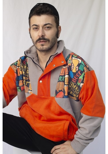 Kadın Erkek Bira Desenli Yarım Fermuarlı Polar Sweatshirt