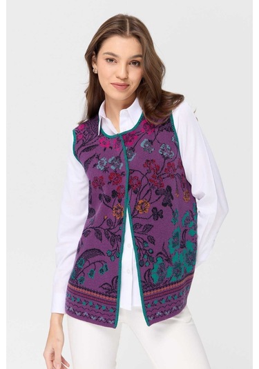 Desen Triko Kadın Sıfır Yaka Sarmaşık Desenli Yün Yelek 23119 A.mor Mor