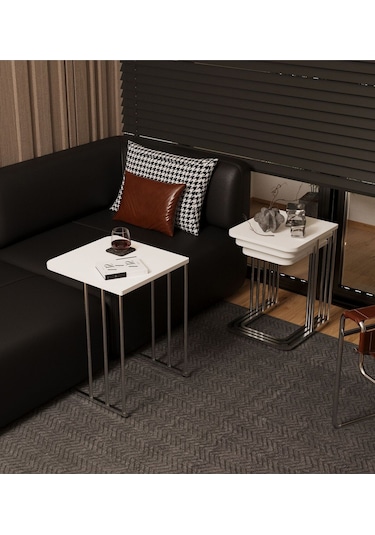 Ceylin Mdf Tekerlekli Gümüş Ayak Zigon Sehpa 4'lü Beyaz