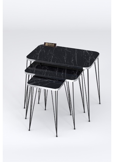 Zigon Sehpa Kr Gümüş Bendir Tel Siyah Ayak Siyah Mermer Desen