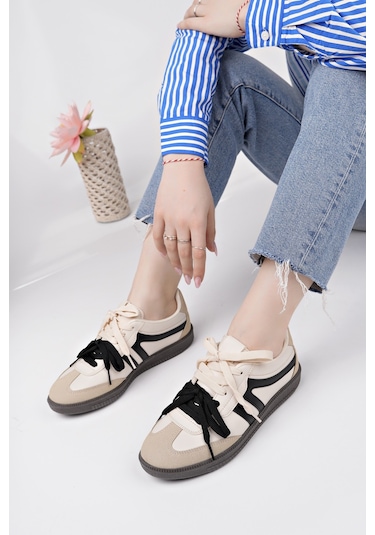 Muggo Retro Çift Bağcıklı Günlük Kadın Sneaker Spor Ayakkabı - Bej