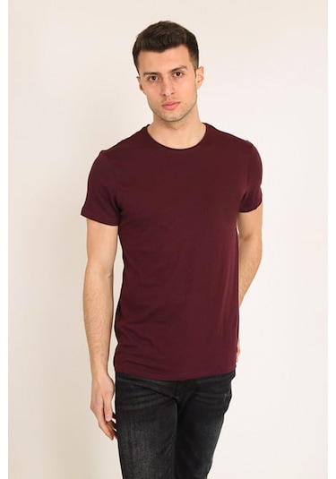 Erkek Bordo Slim Fit Bisiklet Yaka Basic T-shirt Bordo