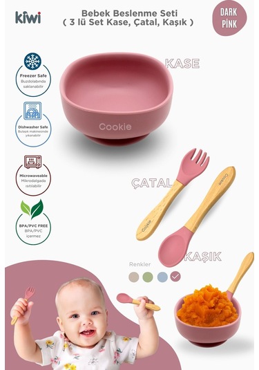 Kiwi 3 Parça Kase Çatal Kaşık Beslenme Seti - Doğal Silikon Bpa İçermez- Dark Pink