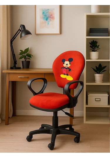 Mickey Mouse Baskılı Turuncu Çocuk Çalışma Sandalyesi Tekerlekli Sandalye, Yükseklik Ayarlı Koltuk Turuncu