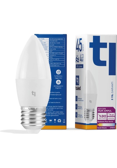 Redeem Plus C37s E27 Mum Ampul, Titreşimsiz, Göz Konforu, 571 Lümen, Sıcak Beyaz, 2700 Kelvin