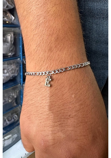 Kişiye Özel Harfli İnce Figaro Zincir Unisex Çelik Bileklik Sevgiliye Eşe Hediye Eck55h Metalik