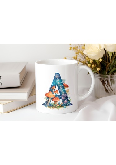 A Baş Harfi Fantastik Mantarlı Kupa Bardak - Kişiye Özel Masalsı Bardak - Hediye Beyaz