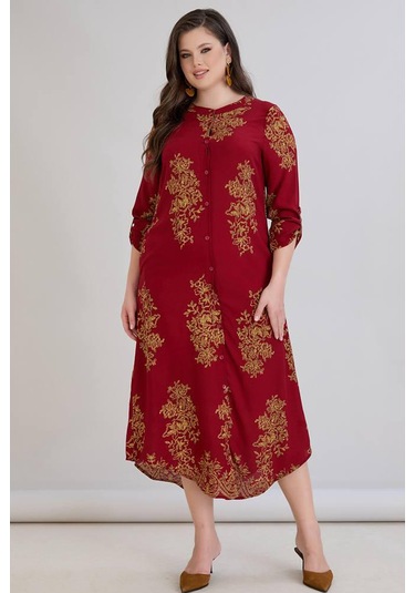 Wearon Kadın Fatoş Cep Detaylı Dokuma Viskon Kırmızı Gömlek Elbise Kırmızı