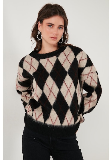 Lela Oversize Fit Bisiklet Yaka Baklava Desenli Yumuşak Dokulu Bayan Kazak 4616223 Siyah