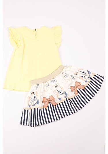 Kız Çocuk Takım Etekli Kedi Baskılı Kol Detaylı A66 Sarı
