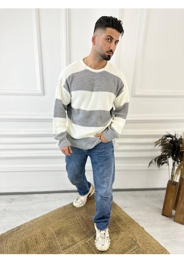 Kazak Oversize Tüylenmez Naturel Pamuk Örme Triko Kazak Gri