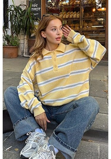 Sarı Polo Yaka Çizgili Kadın Triko Kazak Mg2469 Sarı