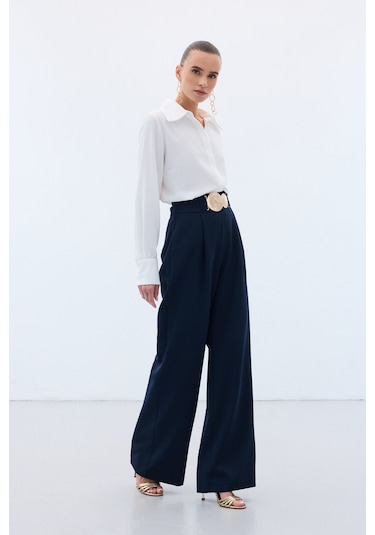 Sateen Aksesuarlı Pantolon - Lacivert-136564 Lacivert