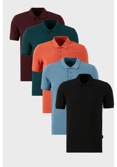 Buratti Pamuklu Regular Fit Düğmeli Polo Yaka 5'Li Paket Erkek T Shirt 5902127S5 Siyah-Vişne-Yeşil-Mavi-Tarçın