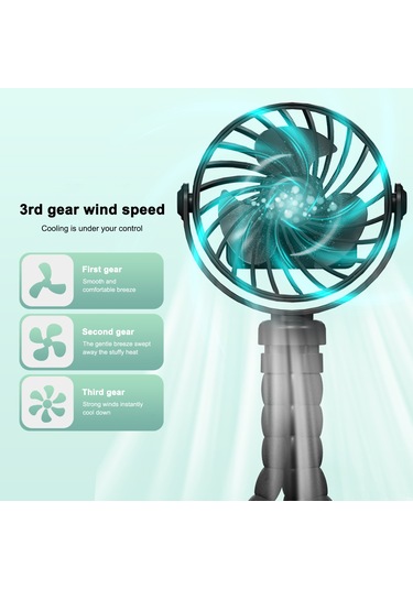 Kosona Siyah F3 Çok Amaçlı Tripod Fan: Bebek Arabası Asma Fanı, 360 Döner, 3 Hızlı, Gece Lambalı, 800mah Pil