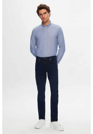 D'S Damat Ds Damat Slim Fit Mavi Armürlü Düğmeli Yaka Pamuklu Gömlek 5HC02ORT07265 Mavi