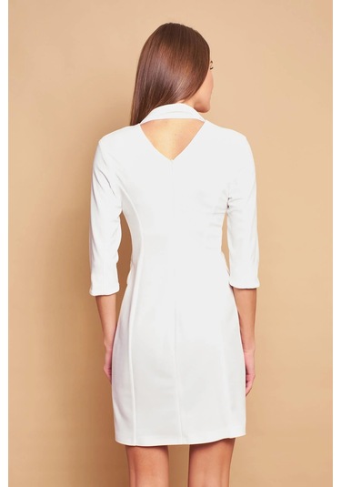 Yakalı Sırt Dekolteli Anvelop Likralı Kumaş Düğmeli Ceket Elbise-krem Krem