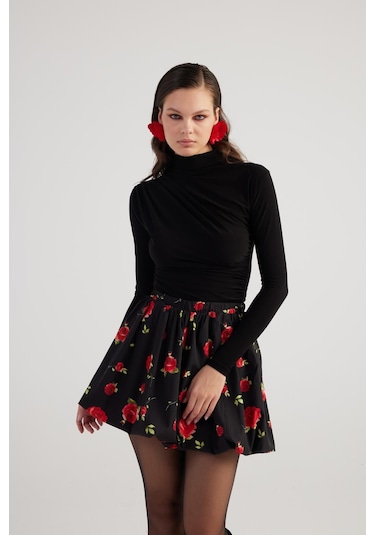 Holly Lolly Balon Model Gül Desenli Mini Donna Etek Siyah