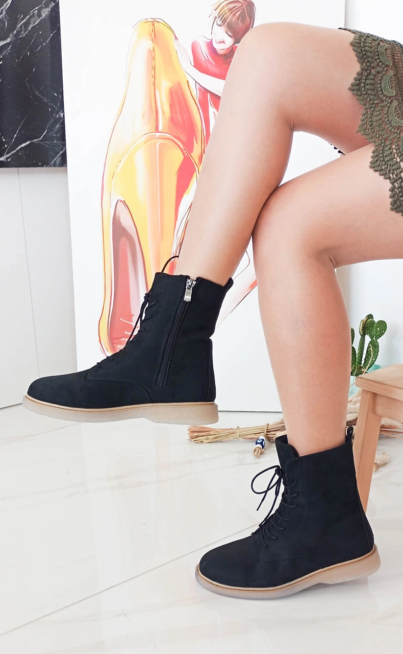 Gdt Ayakkabı Siyah Süet Bağcıklı Fermuarlı Kadın Bot Siyah