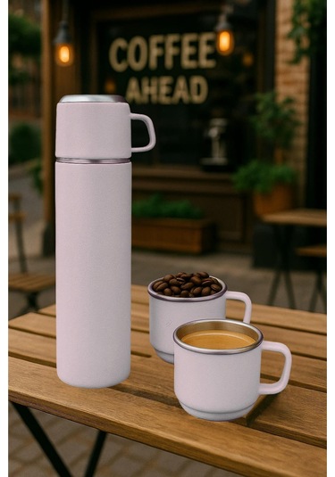 Paslanmaz Çelik 3 Bardaklı Matara Seti-500 Ml Krem