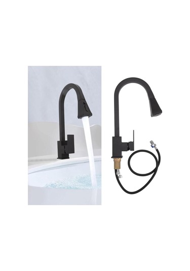 Boheme Siyah Spiralli Mutfak Bataryası Spiralli Evye Musluk Uzayan Batarya Tazzik Ve Basınç Ayarlı Musluk Siyah