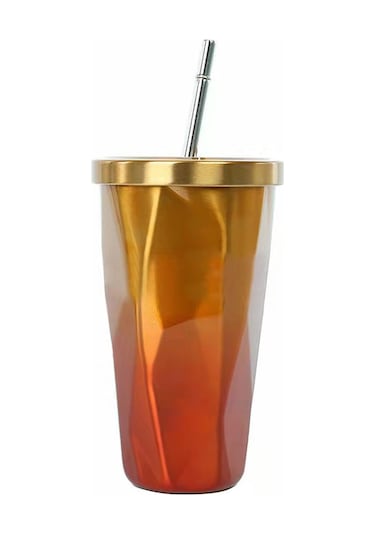 Gajeena Stahl Çift Katlı Isı Saklama Bardak, İki Renkli Desen, Pipetli, 500ml Kapasite, Gümüş Sarı Mavi Mor Turuncu Siyah Seçenekleri