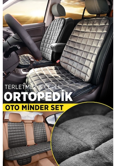 Premium Cepli Ortopedik Oto Koltuk Kılıf Seti - Ön & Arka Koltuk Tam Set - Antrasit